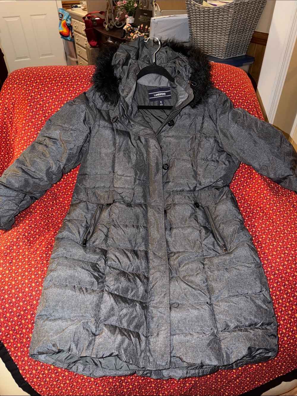 Lands' End Women's Charcoal Quilted Down Puffer Coat with Faux Fur Hood